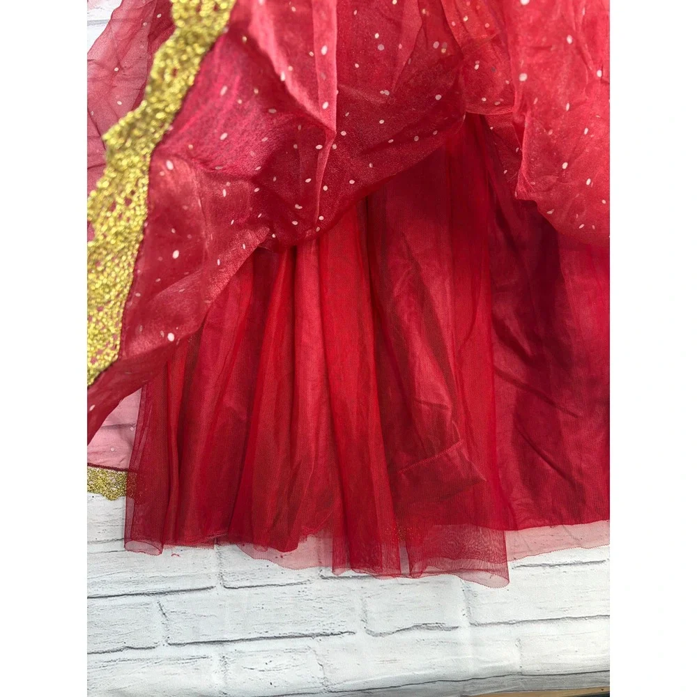 Disney Store Belle Winter Red Velvet Gold Lace Costume Dress Girls 7/8 Gloves